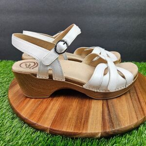 Dansko Season Sandals Ankle Strap Slingback Block Heel White Leather Womens 9.5
